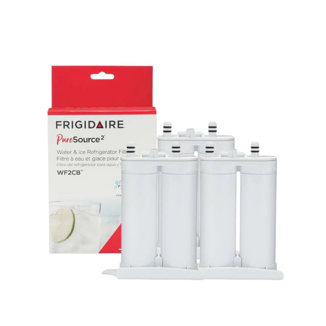 Three Frigidaire PureSource 2 WF2CB refrigerator water filters arranged beside product box for water and ice filtration